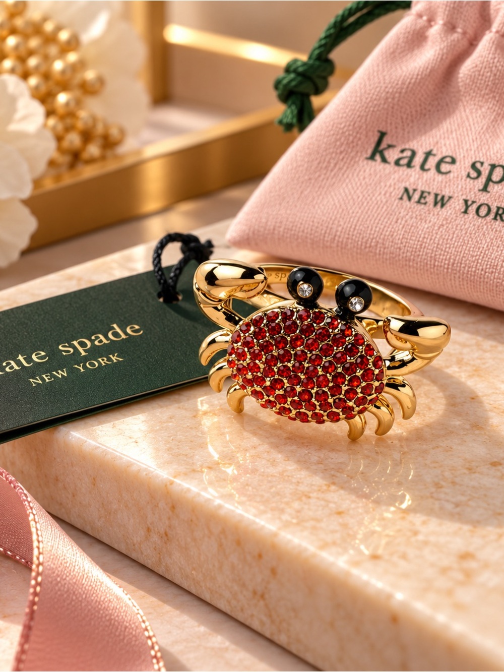 kate spade Gold-Tone Crab Ring with Red Crystal Body